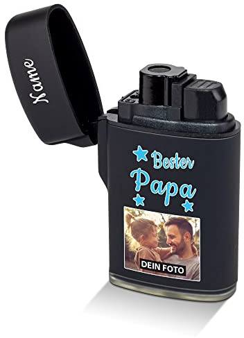 PR Print Royal Feuerzeug selbst gestalten - mit Name & Bild Bedrucken - Bester Papa - Sturmfeuerzeug, Flüssiggas nachfüllbar I Foto-Geschenk Personalisiert - Schwarz gummiert