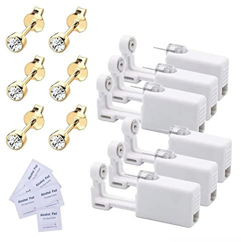 Voarge 6 Stück Ohrlochstechpistole, Einweg-Steril-Sicherheits-Ohrnasen-Piercing-Pistolen-Kit Schmerzfreies Selbst-Piercing-Werkzeug mit Ohrstecker-Asepsis-Pierce-Kit Piercing-Zubehör, Gold transparent
