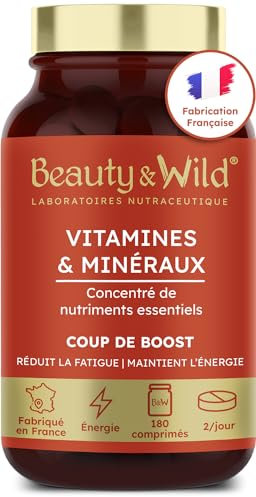 Multivitamines et Minéraux | Zinc, Magnésium, Sélénium, Vitamine C, A, E | Anti-fatigue, Énergie, Vitalité | Cheveux et ongles | Made in France | 180 comprimés | Beauty & WILD