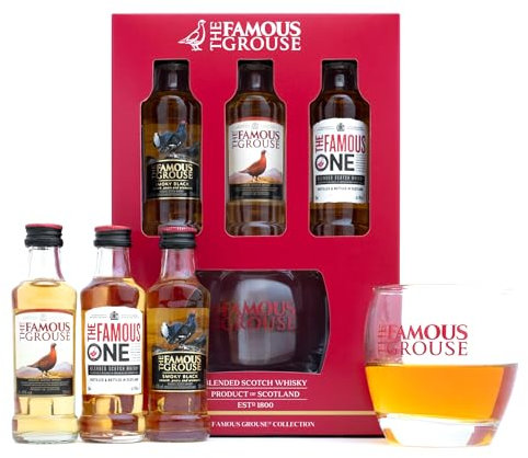 Whisky Gift Set - The Famous Grouse Trio & Glass Gift Set - 3x 5cl, The Famous Grouse Scotch Whisky, Smoky Black, The Famous One and Branded Whisky Glass - Birthday, Whiskey Gifts For Men, Valentines