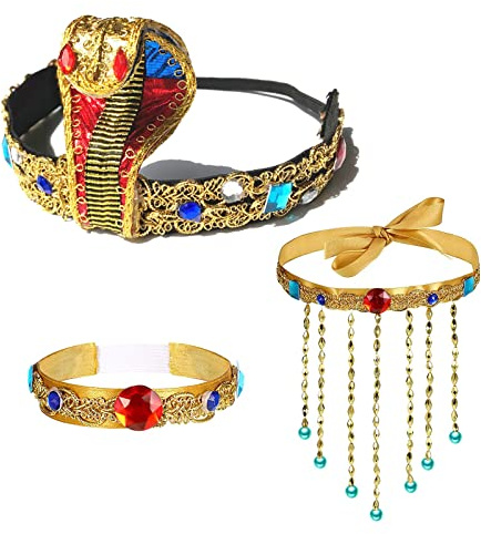 MIVAIUN 3 Stück Ägyptisches Kostüm Zubehör Ägyptische Kobra Kopfbedeckung, Perlen Quaste Halskette, Medusa Halloween Schmuck, Königin, Kleopatra, Accessoire, Zubehör, Mottoparty (3 Stück)
