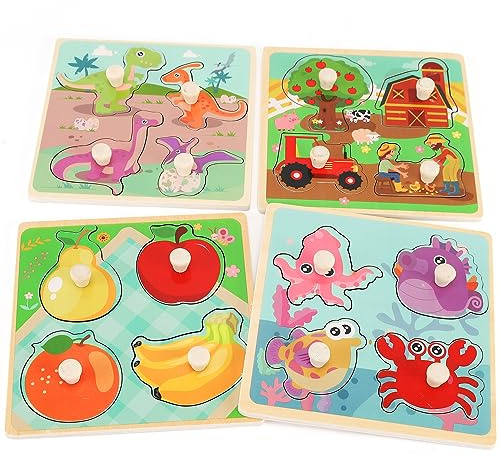 Wooden Peg Puzzles for Toddlers 1-3, Kids' Educational Preschool Peg Puzzle Toy, Set of 4 Toddler Puzzles - Farm, Dinosaur, Fruit and Marine Animals, Ideal Gift for Ages 1 2 3 Boys and Girls