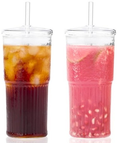GOSCHE Glass Cups with Lids and Straws, 20oz Glass Cups Drinking Jar, Clear Iced Coffee Cups, Vintage Ripple Glass Tumbler for Water Coffee Tea, Clear, 2Pcs