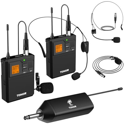 TONOR UHF Mikrofon Kabellos Set mit Dual Headset Kopfbügel Funkmikrofon, Lavalier Ansteckmikrofonen Bodypack Transmitter, Empfänger 6,35 mm Ausgang 60M Reichweite
