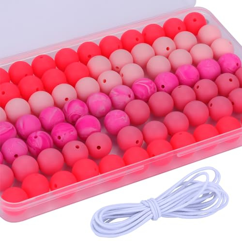 WEWAYSMILE 15 mm rosa Silikonperlen zur Schlüsselanhängern, 80 Stück | Runde Silikonperlen mit 2 Metern elastischer Kordel, für Stifte, DIY-Schlüsselbänder, Bastelarmbänder, Halsketten und Schmuck