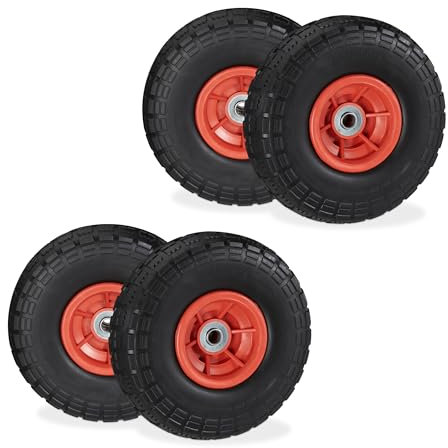 Relaxdays 4 Ruedas de Carro, Antipinchazos, Macizas, 4.10/3.50-4, Llantas de Plástico, 150 kg, 260x85mm, Negro y Rojo