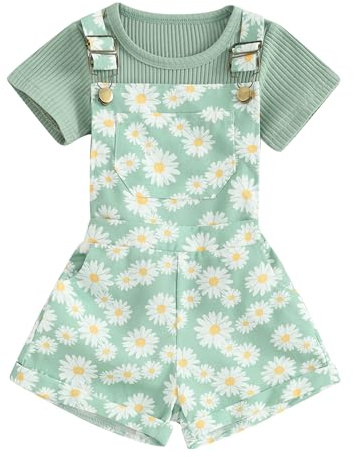 ZZLBUF Toddler Baby Girl Overalls Romper Outfit Kids Ruffle Sleeve Tops T-Shirt + Floral Suspender Pocket Shorts Clothes Set (Ribbed Shirt, Daisy Suspender Green, 3-4 Years)