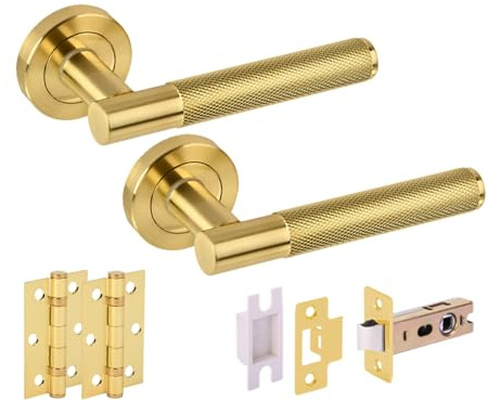 Hunta HANDLEZONE® Evo Knurled Grip Internal Door Handle Pack, Complete with Lever Handles, 76mm Latch, 75mm Ball Bearing Hinges - Brushed Brass