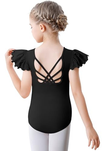 Aiseyi Ballet Leotard for Girls Ruffle Short Sleeve Dance Leotard Cotton Ballet Outfit with Cross Back for Toddler Kids Black 5-6 Years