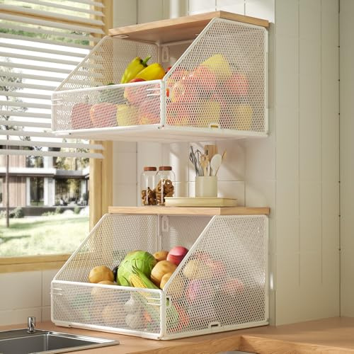 Litwaro Stapelbare Obstkorb zur Platzersparnis auf der Küchenarbeitsplatte, metallischer Drahtkorb mit Netz aus Gitterdraht zur Wandmontage mit Holzdeckel für zusätzlichen Stauraum, 2er-Pack