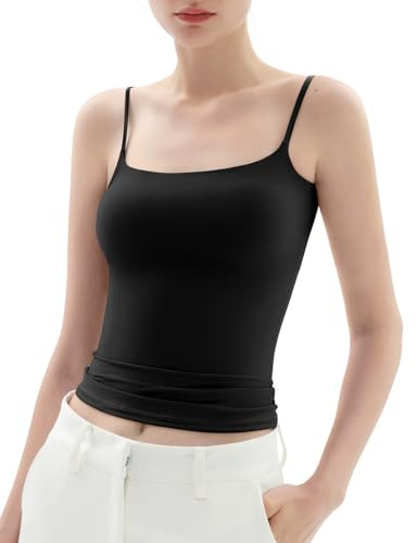 PUMIEY Tank Top for Women Square Neck Spaghetti Straps Camisole Sleeveless Basic Summer Tops, Jet Black Medium
