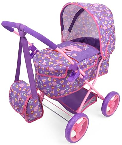 Peppa Pig: Doll Deluxe Pram & Bag - Purple, Pink, Flowers - Accessory for Dolls Up to 18, Shoulder Bag, Foldable, Retractable Canopy, Kids to, Age 3+