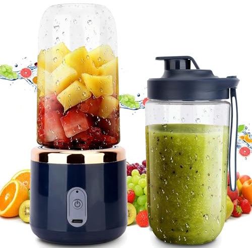 pofluany Mixeur personnel – Mélangeur portable haute vitesse de 400 ml avec 6 lames, presse-agrumes électrique rechargeable par USB pour cuisine, salle de sport, voyage, bleu