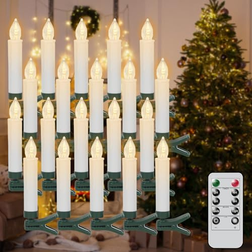 Eldnacele Christbaumkerzen LED kabellos mit Kristalloptik, 20er Set | LED Christbaumkerzen kabellos, Weihnachtsbaum Kerzen LED ohne Kabel, Baumkerzen mit Clip, Fernbedienung, Timer, dimmbar, Weiß