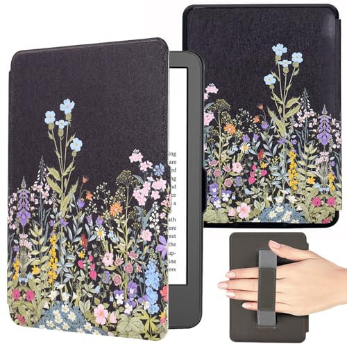 KEROM 6'' Kindle Paperwhite Hülle 2012-2017 (Modellnummer: EY21/DP75SDI), Leichte PU Leder Schutzhülle mit Handschlaufe und Auto Schlaf/Wach für Kindle Paperwhite 7./6./5. Generation, Blumen