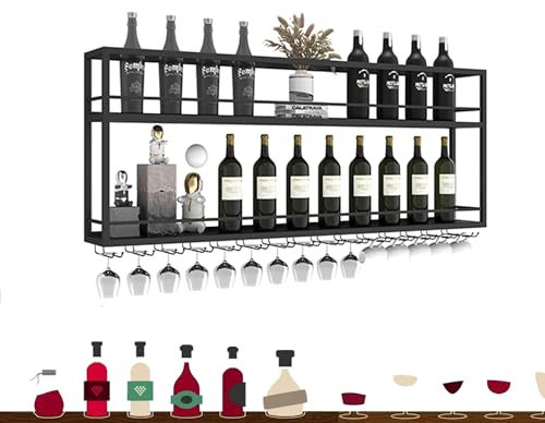 Weinregal Wand Metall Flaschenregal Schmal Wine Rack Weinschrank Hausbar Barschrank mit Weinglashalter Weinständer Bar Regal Wand Getränke Regal Mini Bar Vitrine Hängend für Küche Esszimmer(NO LIGHT_1