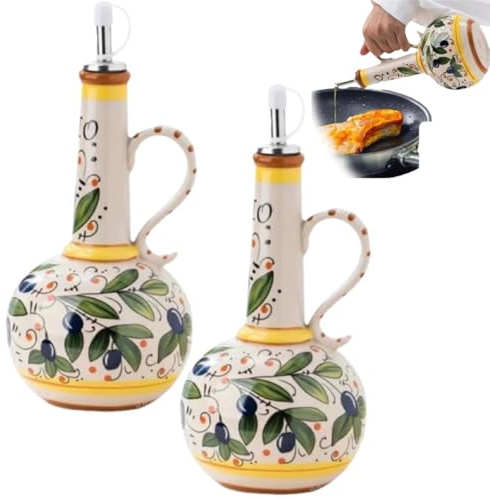 Lot de 2 flacons distributeurs d'huile d'olive italiens en céramique de 652 g, peints à la main pour la cuisine avec bec verseur en acier inoxydable pour huiles, sauces, vinaigre