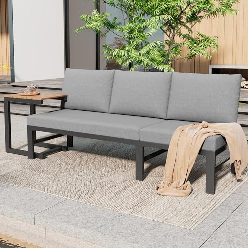 MOBETTRES Gartenmöbel-Set, Outdoorsofa, 3-Sitzer-Sofa, mit Verstellbarer Neigungsfunktion (5-stufig, bis 55°), mit Tisch, verzinktes Stahlrohr, Tischplatte aus Kunststoff-Holz