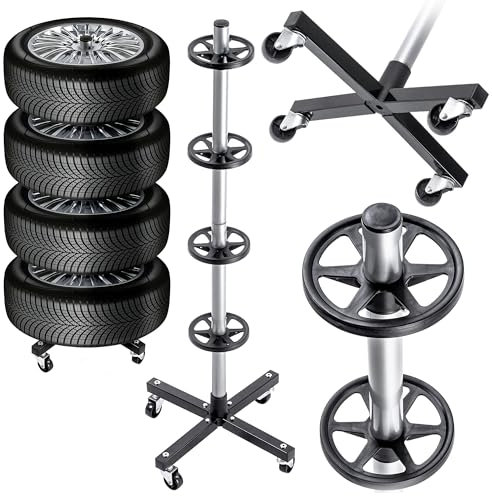 KADAX Reifenständer für 4 Autoreifen mit Felgen, Felgenbaum mit Rollen für Garage, Platzsparendes Reifenregal, Reifenbaum für Reifen, Garagen Zubehör