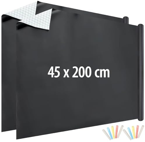infactory Kreidetafeln: 2er-Set selbstklebende Tafelfolien mit 5 Kreiden,abwischbar, 45x200 cm (Tafelfolien für Kinderzeichnungen, Klebefolie)
