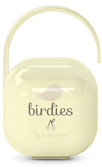 Suavinex, Portaciuccio Neonato, per 2 Ciucci, Custodia Resistente e Facile da Pulire, Manico Flessibile da Appendere alla Borsa, Passeggino o alla Culla, Chiusura di Sicurezza, +0 Mesi, Birdies Beige