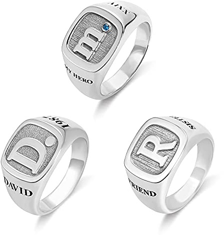 Anello con sigillo quadrato personalizzato da uomo in argento sterling 925, anello con iniziale personalizzata, nome inciso, anno, lettera, pietra portafortuna e punto, anello da mignolo per papà