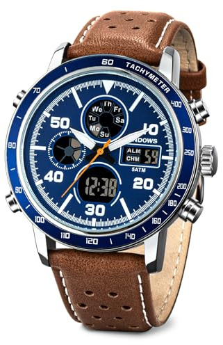 PINDOWS Watches for Men, 30M Waterproof Military Digital Analog Outdoor Sport Watch Multifunctional Wristwatch with Dual Time LED Backlight Alarm Stopwatch Calendar