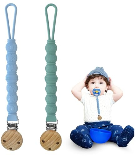 2 cadenas para chupete de silicona, cadena para chupete, porta cadenas para chupete alimentario con clip de madera de haya natural, claro para bebés y niños (azul cambridge + azul)