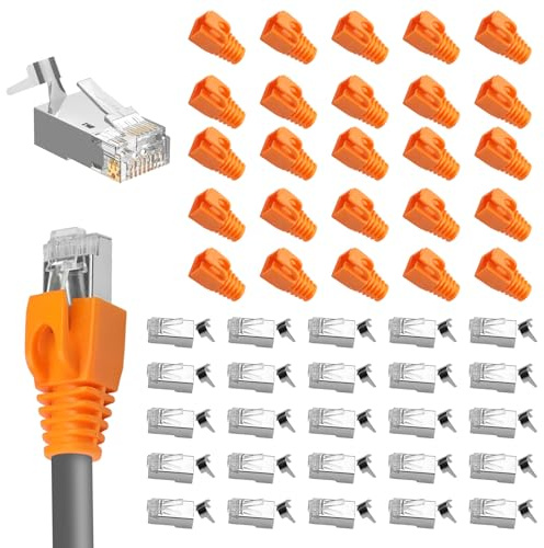 25 Stk RJ45 Stecker CAT 7 CAT 6A,netzwerkstecker cat7 mit Einfädelhilfe und Knickschutz,lan stecker für Verlegekabel AWG23 POE,Modularstecker Cat7 Crimpstecker für Switch/TV/PS4/ADS /Modem/Router/PC