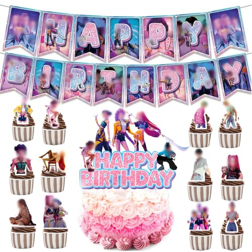 14 Stück Dem-ons H_Hunters Geburtstags Tortendeko Set, Cake Topper Geburtstag mit 12 Cupcake Topper, 1 Happy Birthday Topper & 1 Happy Birthday Banner, Kuchen Deko Set für Kindergeburtstag Party