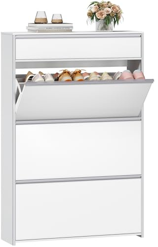HEXCELEN Schuhschrank mit 3 Klapptüren, Weiß-Silber, 80 x 24 x 137,5 cm | Schmaler Schuhkipper, Schuhregal mit Schublade, Schmaler Schuhkommode mit 6 Ablageflächen, Verstellbar, für Flure, Eingang