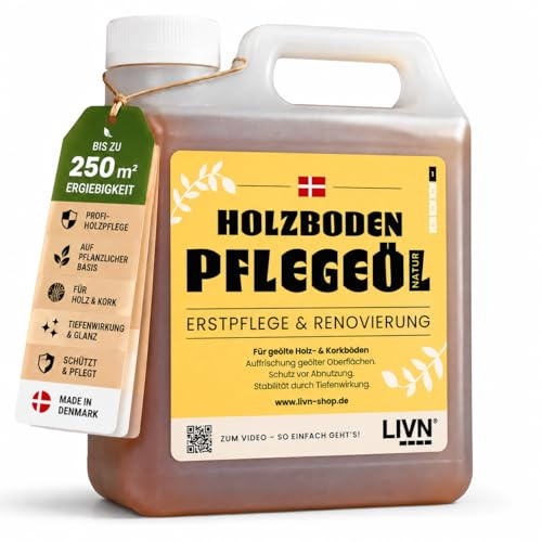 LIVN Pflegeöl Natur 1L - Holzpflegeöl für geölte Holzoberflächen, Parkett & Korkböden - Erstpflege & Renovierung - Tiefenwirkung & Glanz - 100m² Ergiebigkeit