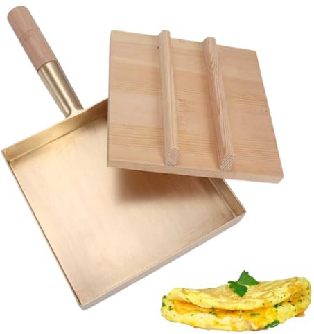 Tamagoyaki Poêle à frire antiadhésive en cuivre pour œufs avec couvercle en bois et poignée 18 cm