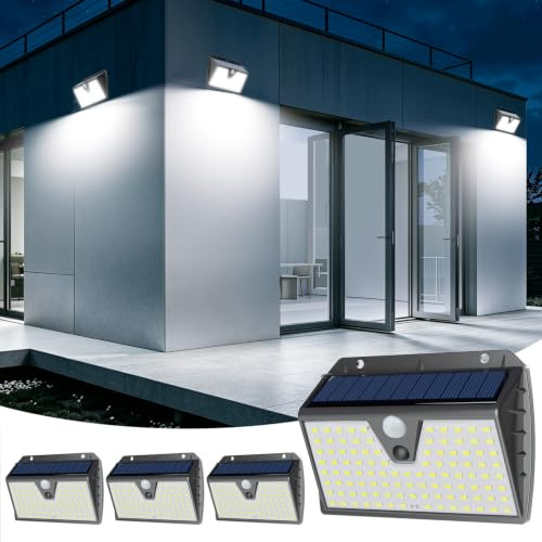 Luz Solar Exterior con Sensor de Movimiento, 4 Paquete/3 Modos IP65 | Batería 1200mAh, Blanco Frío Focos LED Exterior Solares, Lámparas Solares Exterior Jardín para Garaje, Patio