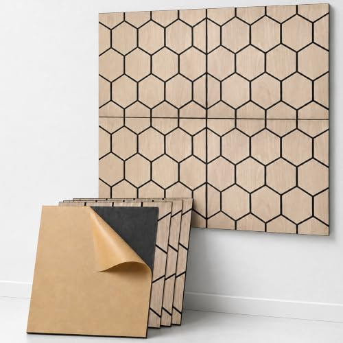 Hexagon Acoustic Wall Panels Self Adhesive, 60cm Sound Proofing Panels for Walls, Sound Absorbing Panels for Walls, Peel and Stick Wall Panels for Studio Gaming Room (Oak Wood Veneer, 4 Pack / 1.44m²)