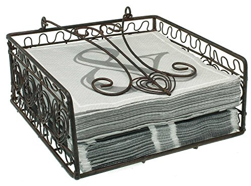 MACOSA SA77530 Servietten-Ständer Antik Schwarz/Dunkelrost Herz-Ornament Metall Gewichtshebel Shabby Chic Korb Papierservietten Aufbewahrung Halter