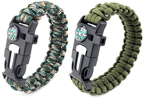 Pulsera de supervivencia, cuerda de paracaídas, DEESOSPRO® 2 Piezas Kit de supervivencia con flint fire starter, rascador, brújula, silbato y cuerda de paracaídas hebilla para Camping, Senderismo