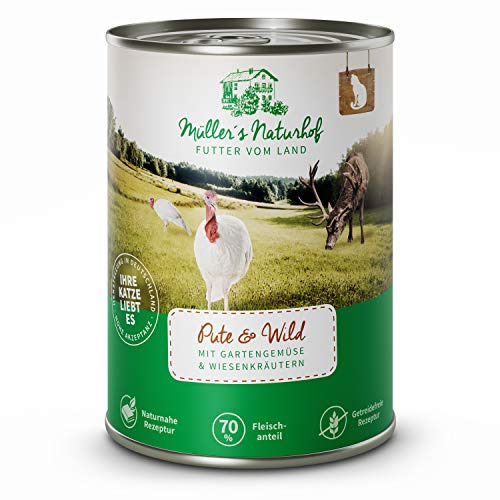 MÜLLER'S NATURHOF – Pute | Nassfutter mit natürlichen Zutaten und wertvollen Superfoods für ausgewachsene Katzen. Getreidefreies Alleinfutter ohne Zusatzstoffe in der Dose | 6x400g Pute