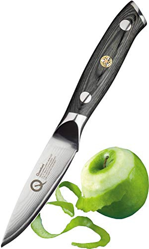 Taylors Eye Witness Quantum Pakka Wood Handle Paring Knife - 9cm / 3.5” Blade. Premium High Hardness Exotic Super-Steel Core, Between 66 Premium Steel Alloy Layers, Damascus Hamaguriba Grind Profile.