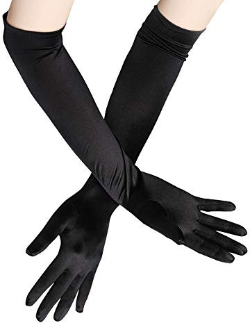 Long Black Satin Gloves for Women - 1920s Style Evening Formal Dance Wear - Stretchy Elbow Length Mittens for Wedding, Prom, Opera and Party