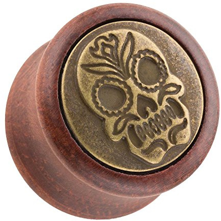 Taffstyle Ohr Plug Flesh Tunnel Piercing Ohrpiercing Holz Braun mit mexikanischen Totenkopf 10mm