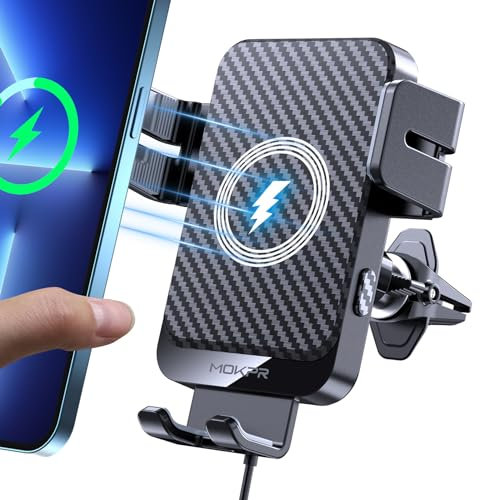 MOKPR Car Phone Holder Wireless Charger, 15W Wireless Car Charger, Auto-Clamping Car Phone Holder Charger Air Vent Mount Compatible for iPhone 15/14/13/12/11/X/8, Samsung S22/S21/S20, etc