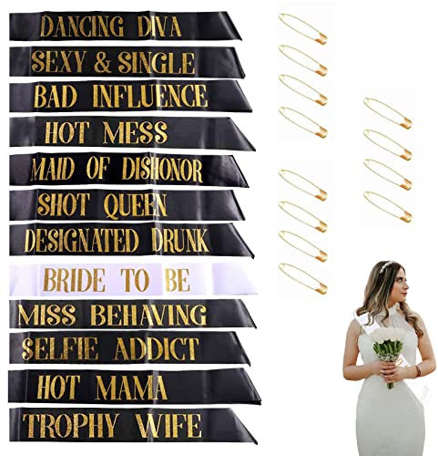 Hen Party Sashes,12Pcs Bridesmaid Sashes Set for Women,11 Pcs Black with 1 Pcs White Sashs Gold Text Hen Party Decoration (A)
