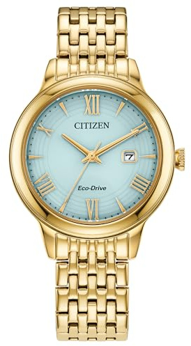 CITIZEN Ladies Eco-Drive Dress Classic Watch, Gold-Tone Stainless Steel Bracelet, Light Blue Dial, 3 Hand, Date (Model: EW2622-56M)
