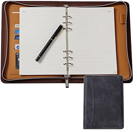 Schreibmappe A5 Konferenzmappe PU Leder Dokumentenmappe Mit Reißverschluss Geschäfts Ringbuch Mit Notizblock Und Stifthalter Für Damen Herren (Color : Black)