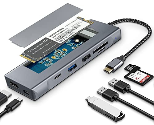 Hub USB C 8 in 1 GKI con custodia SSD M.2 NVMe/SATA con 1 HDMI 4K, 1* USB C 3.1, USB 3.0, USB 2.0, SD/Micro SD Card Slots, 100W PD compatibile con porta USB C del computer.