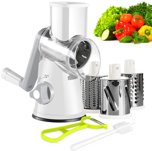 Wuciray Cortador de Verdura Picadora Rallador Manual Mandolina de Tambor con 3 Blades Cocina Rayadores Vegetable Chopper Multifunctional Pelador