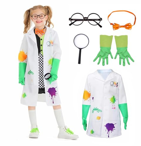 Wbesty Kids Mad Scientist Kostüm mit Brillengestell Fliege Handschuhe Lupenbrille 5Pc Kids Laborkittel Halloween Verkleidung, 4-6Jahre