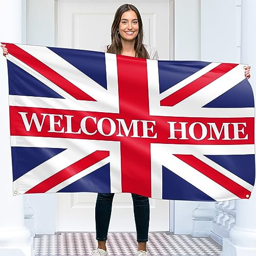 Welcome Home Banner - Welcome Back banner Union Jack - Welcome Home decorations - 5ft x 3ft Vivid Digital Print - 110Den Thick polyester - Double Seam (White)