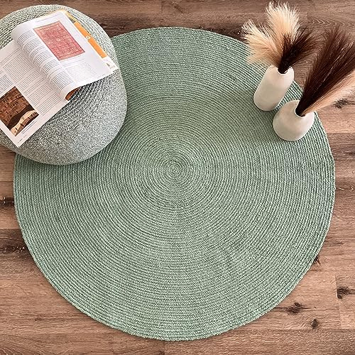 Rita Rugs Home Daisy, Cotton, Artistic, Unique, One of A Kind Hand Woven Cotton Round Rug for Bedroom, Bathroom, Kitchen, Living Room, Farmhouse, Green, 120 cm Round, 120cm x 120cm